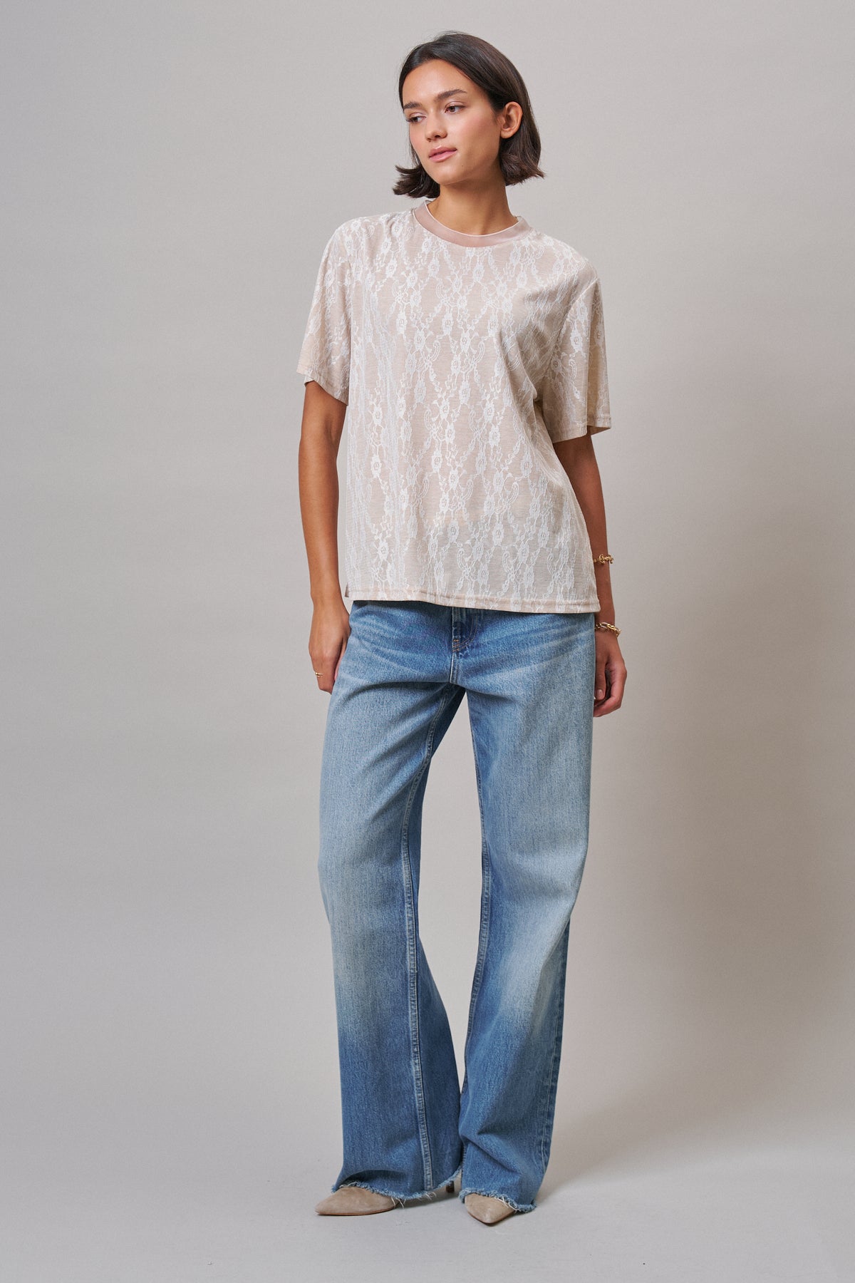 Floral Lace Overlay Boxy Tee with Mesh Neckline
