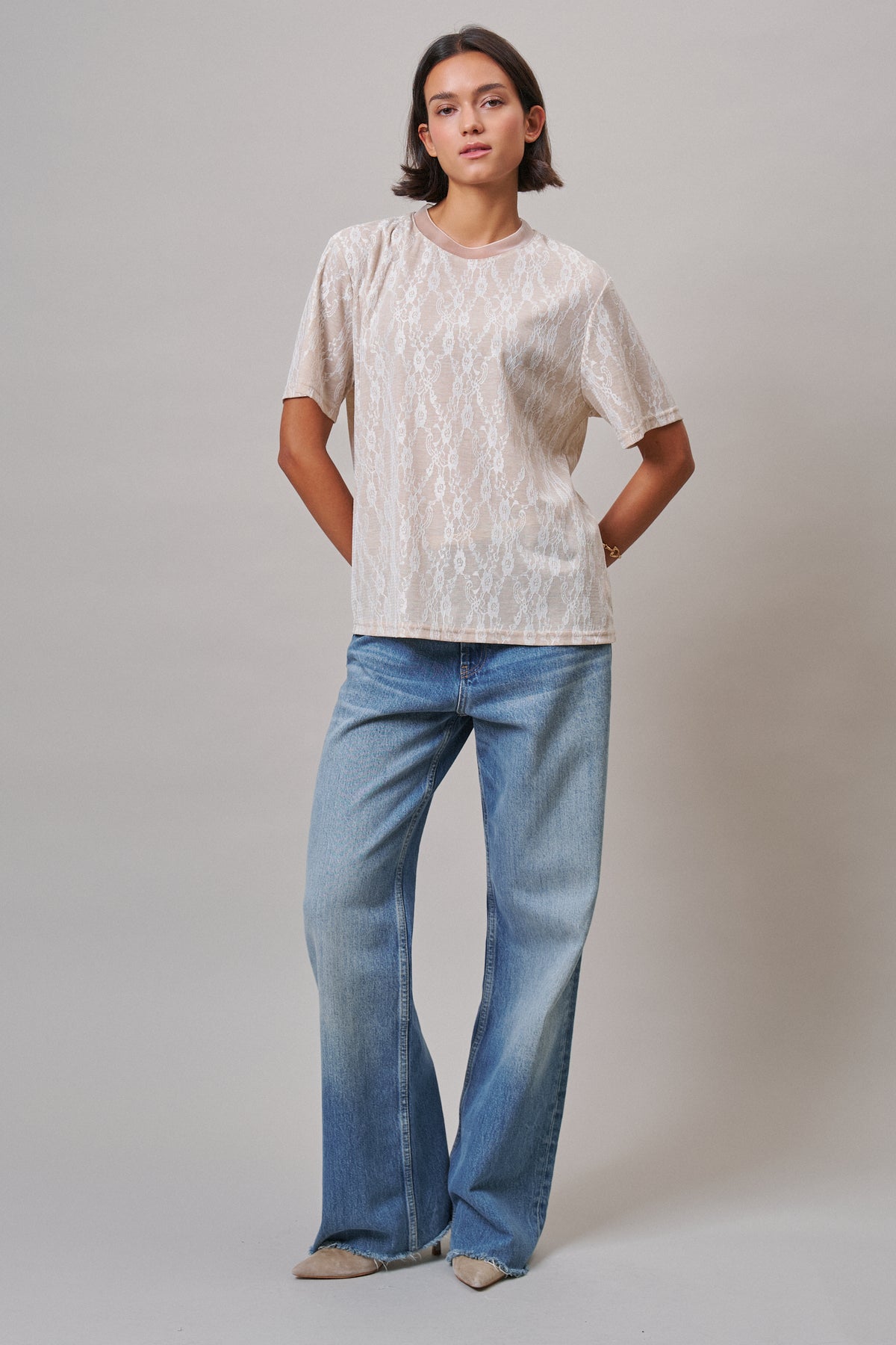 Floral Lace Overlay Boxy Tee with Mesh Neckline