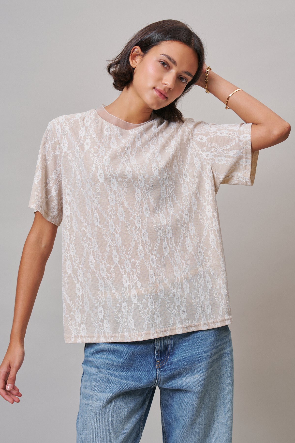 Floral Lace Overlay Boxy Tee with Mesh Neckline