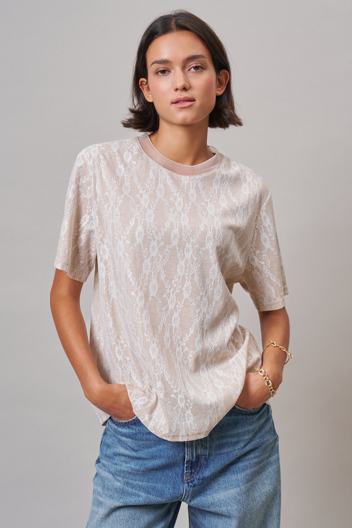 Floral Lace Overlay Boxy Tee with Mesh Neckline