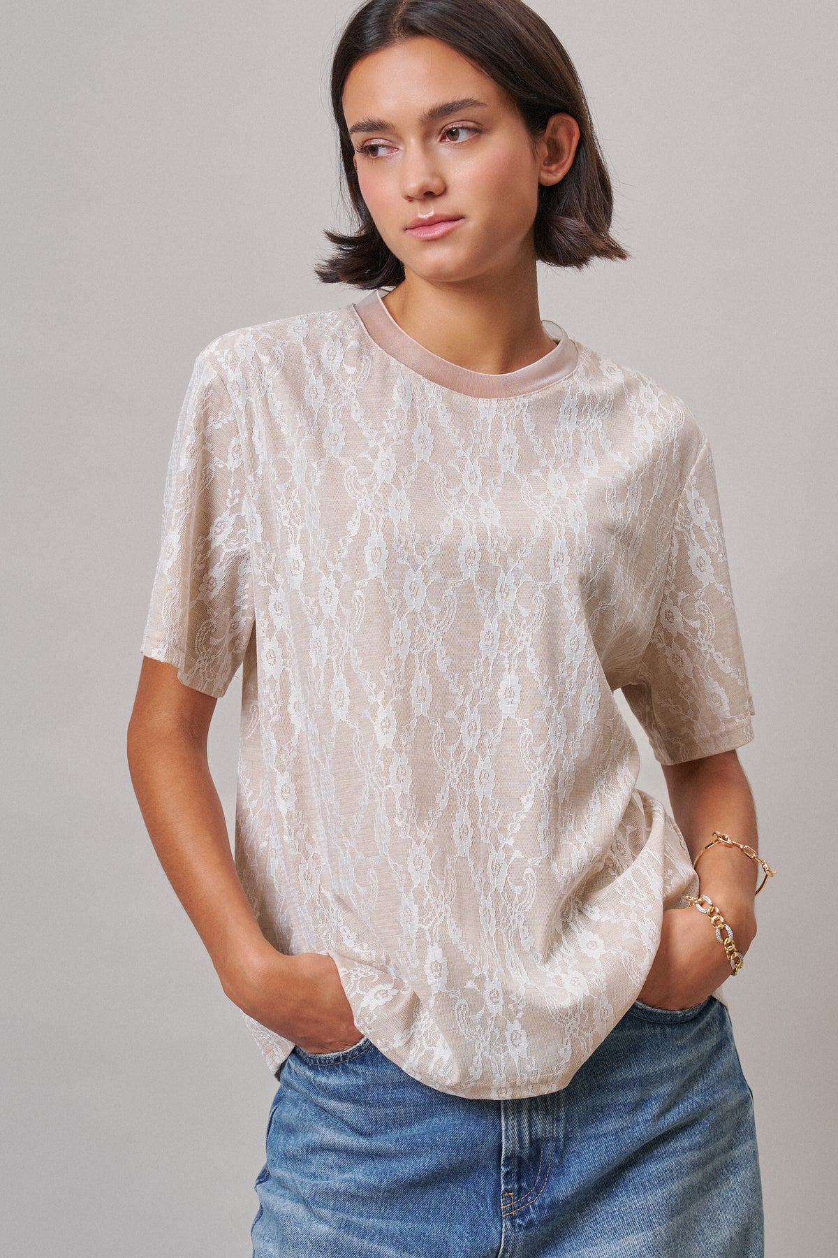 Floral Lace Overlay Boxy Tee with Mesh Neckline