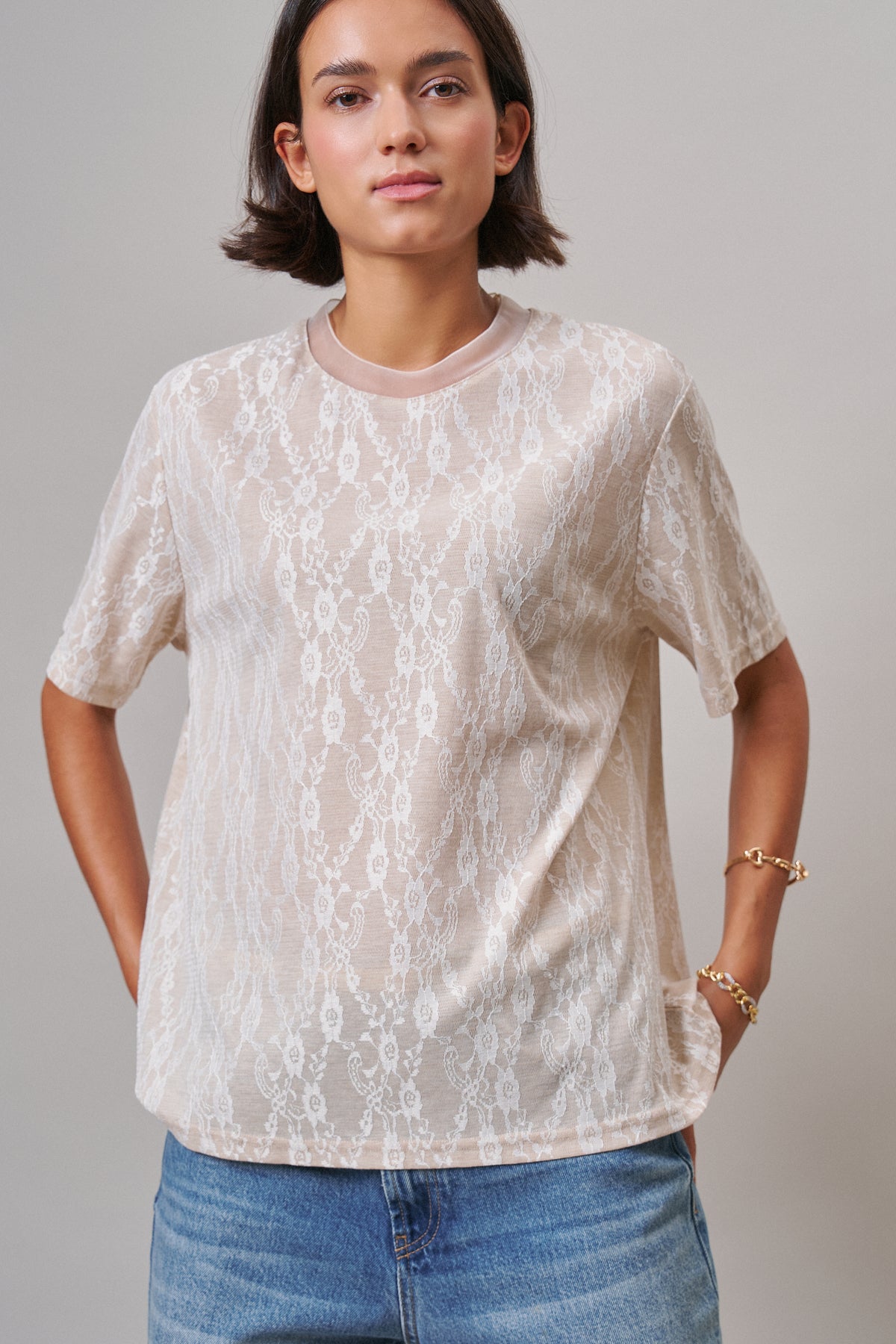 Floral Lace Overlay Boxy Tee with Mesh Neckline