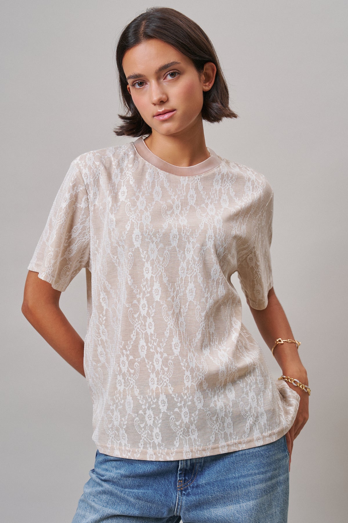 Floral Lace Overlay Boxy Tee with Mesh Neckline