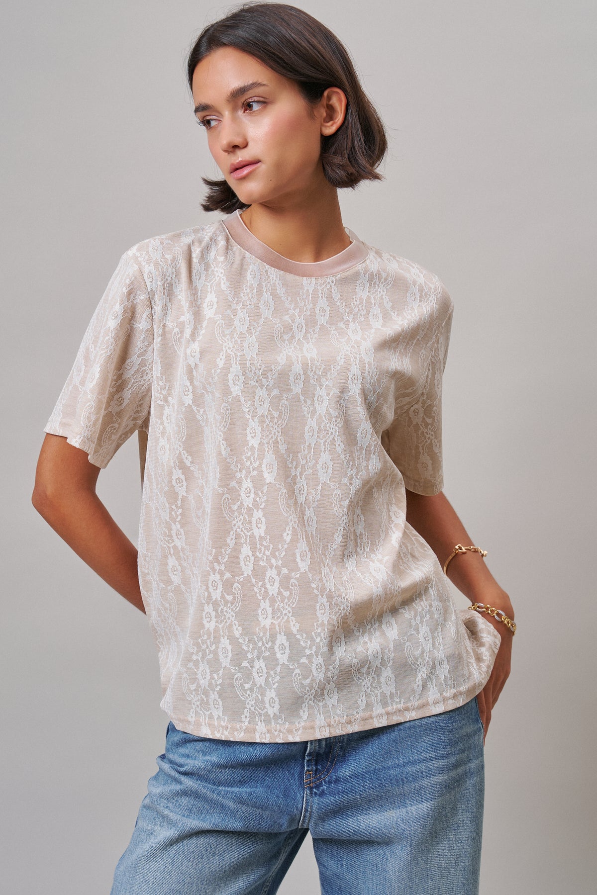 Floral Lace Overlay Boxy Tee with Mesh Neckline