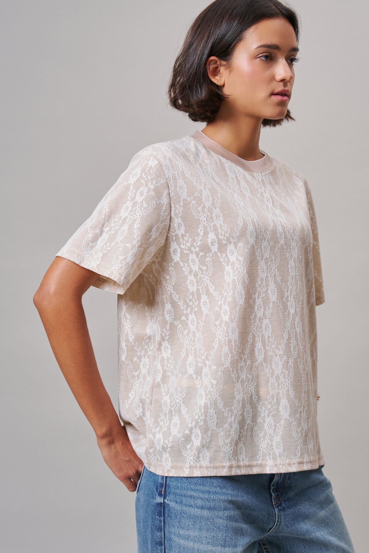 Floral Lace Overlay Boxy Tee with Mesh Neckline