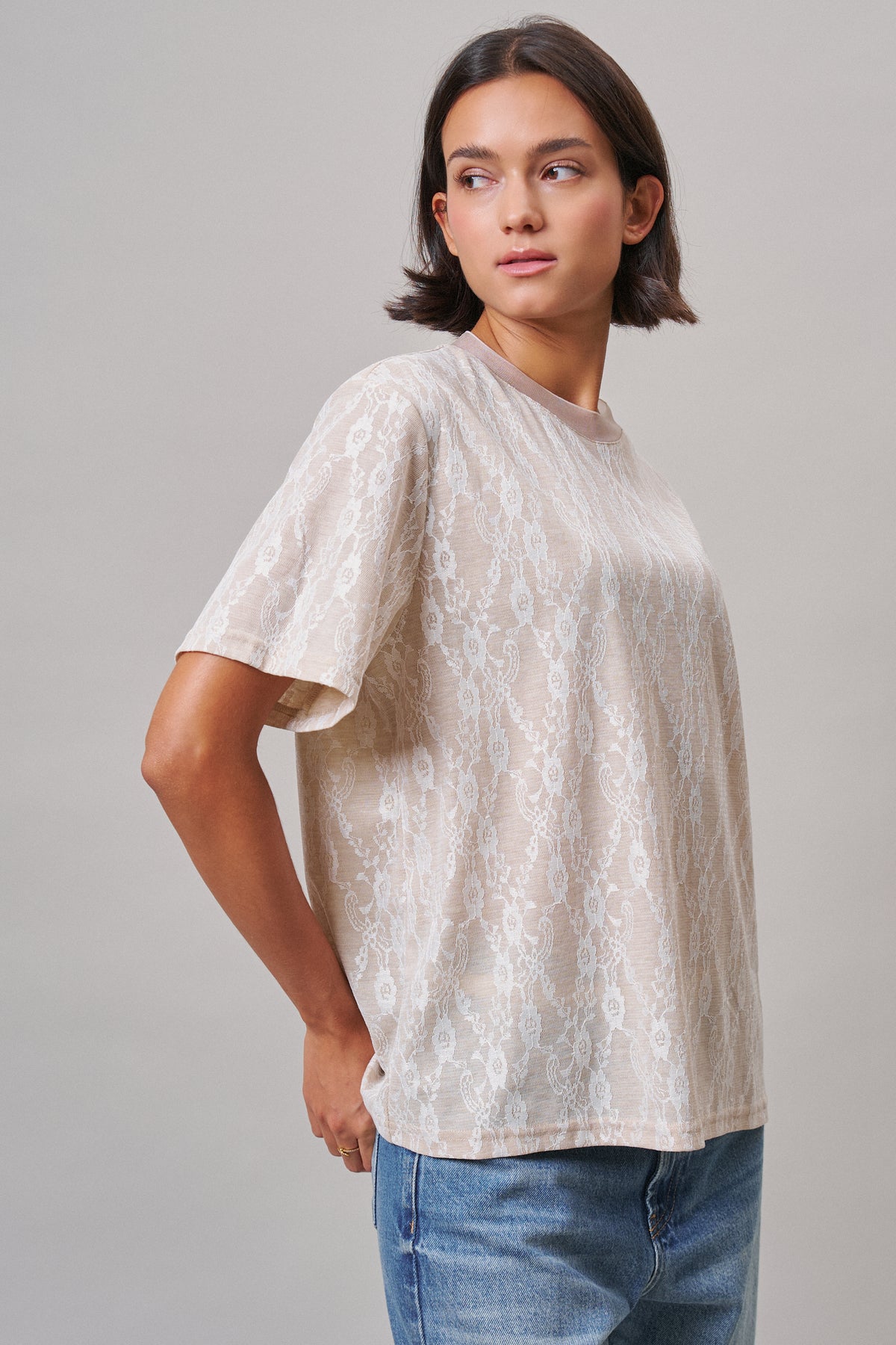 Floral Lace Overlay Boxy Tee with Mesh Neckline