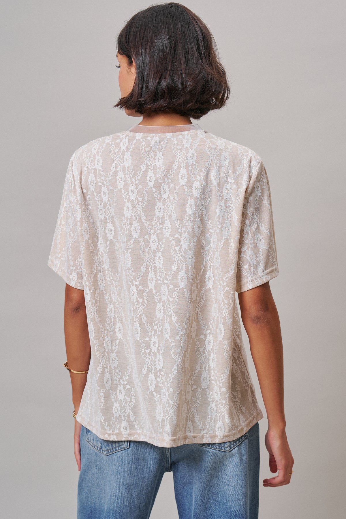 Floral Lace Overlay Boxy Tee with Mesh Neckline