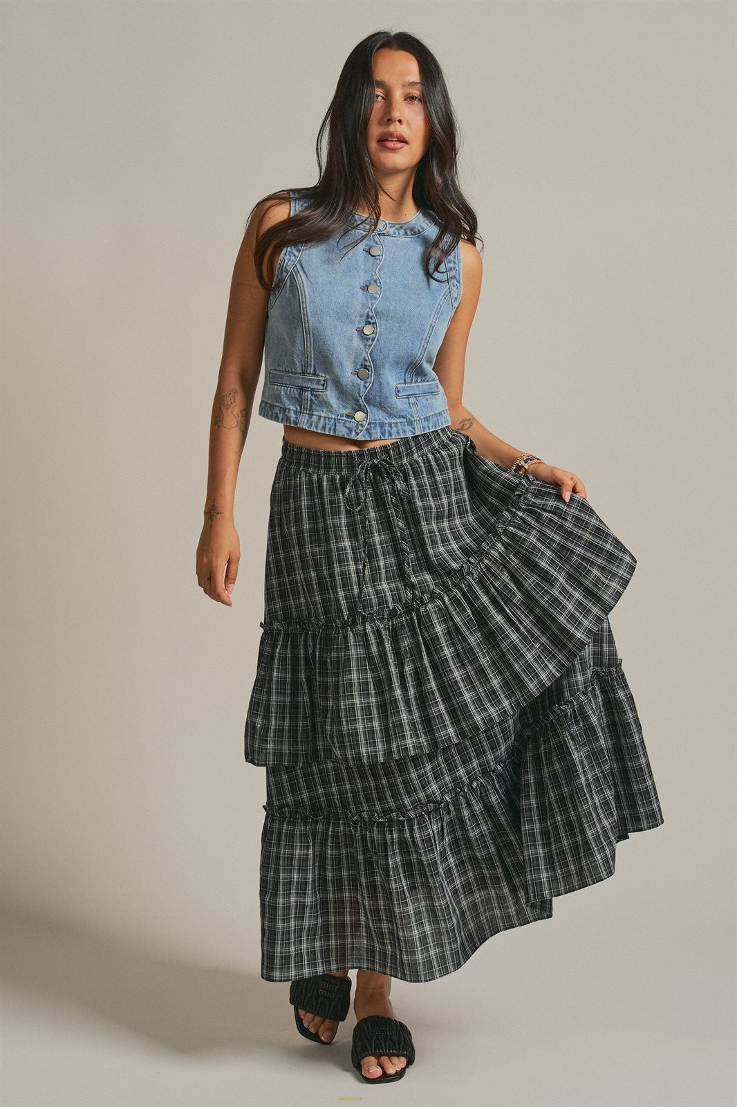 Plaid Tiered Ruffle Maxi Skirt Western Cowgirl Boho Long Ski in BLACK - Women's Midi Skirts | Urban Daizy
