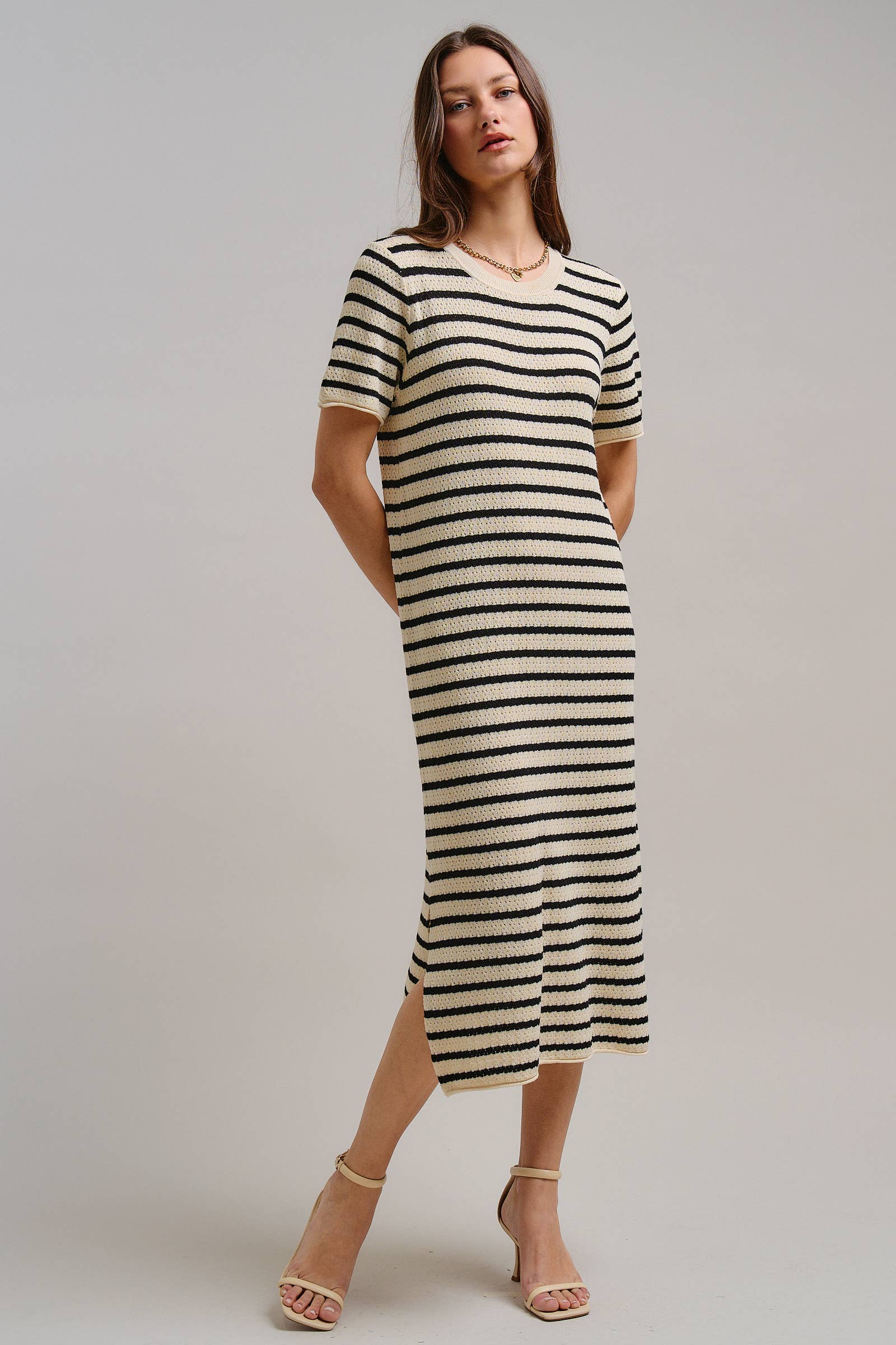 Striped Crochet Knit Short Sleeve Midi Dress