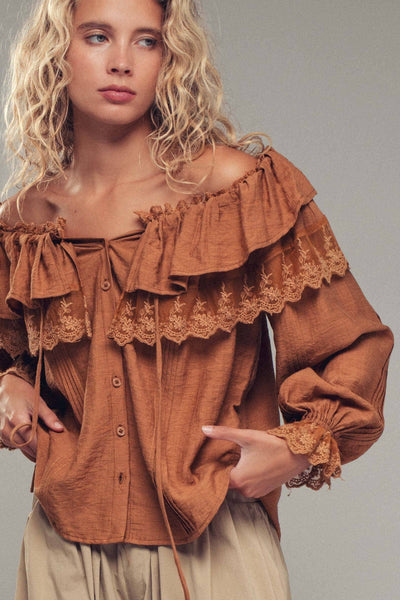 Lace Trim Ruffle Tie Neck Spring Blouse Top