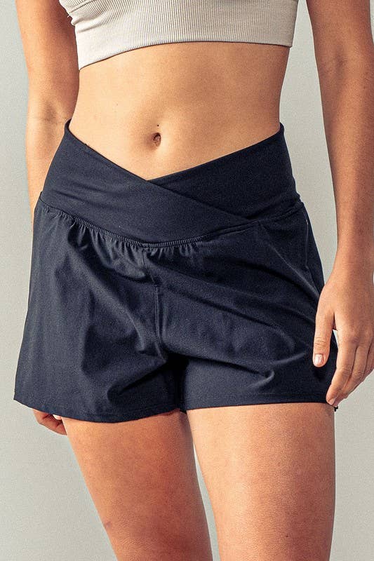 Urban Daizy Crossover Waist Athletic Yoga Shorts Black Athletic Shorts - Women's (UDZ-PT-00225)