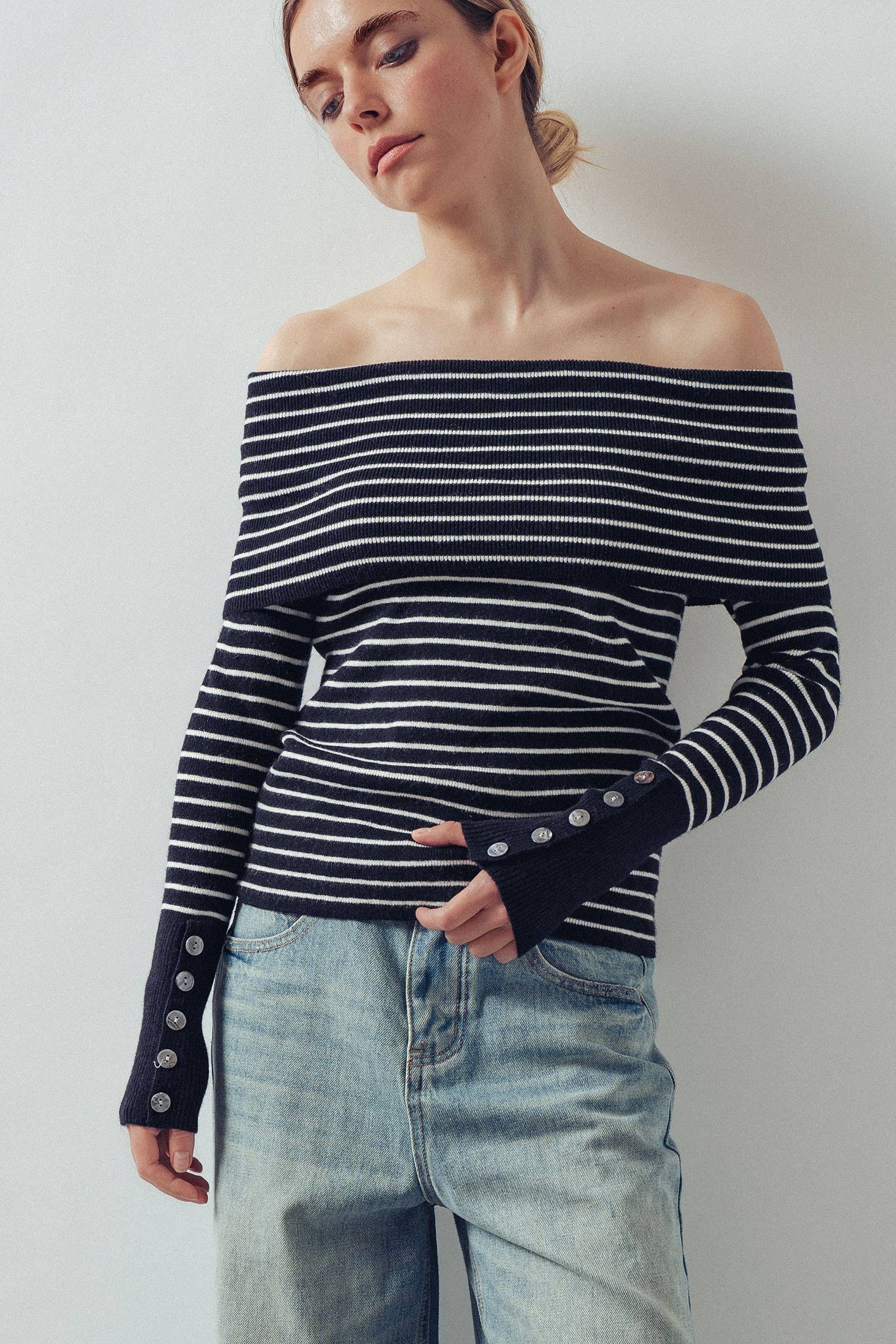 Off-Shoulder Striped Knit Top