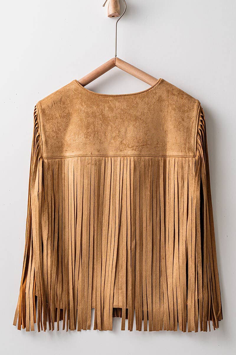 Western Faux Suede Fringe Open Front Jacket