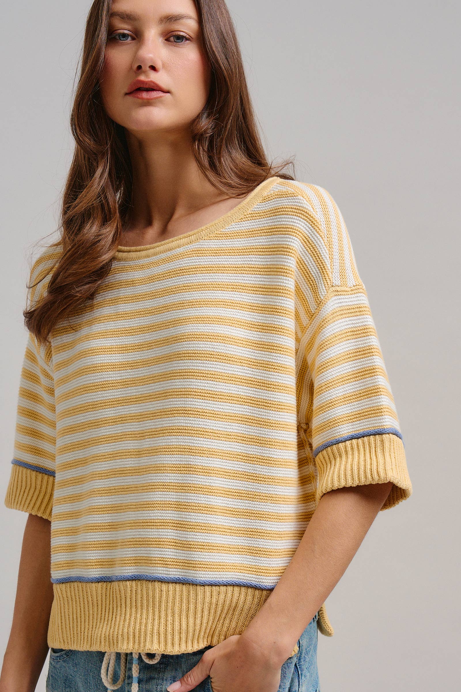 Yellow Striped Contrast Trim Sweater Tee