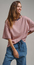 Oversized Striped Contrast Neck Boxy Tee