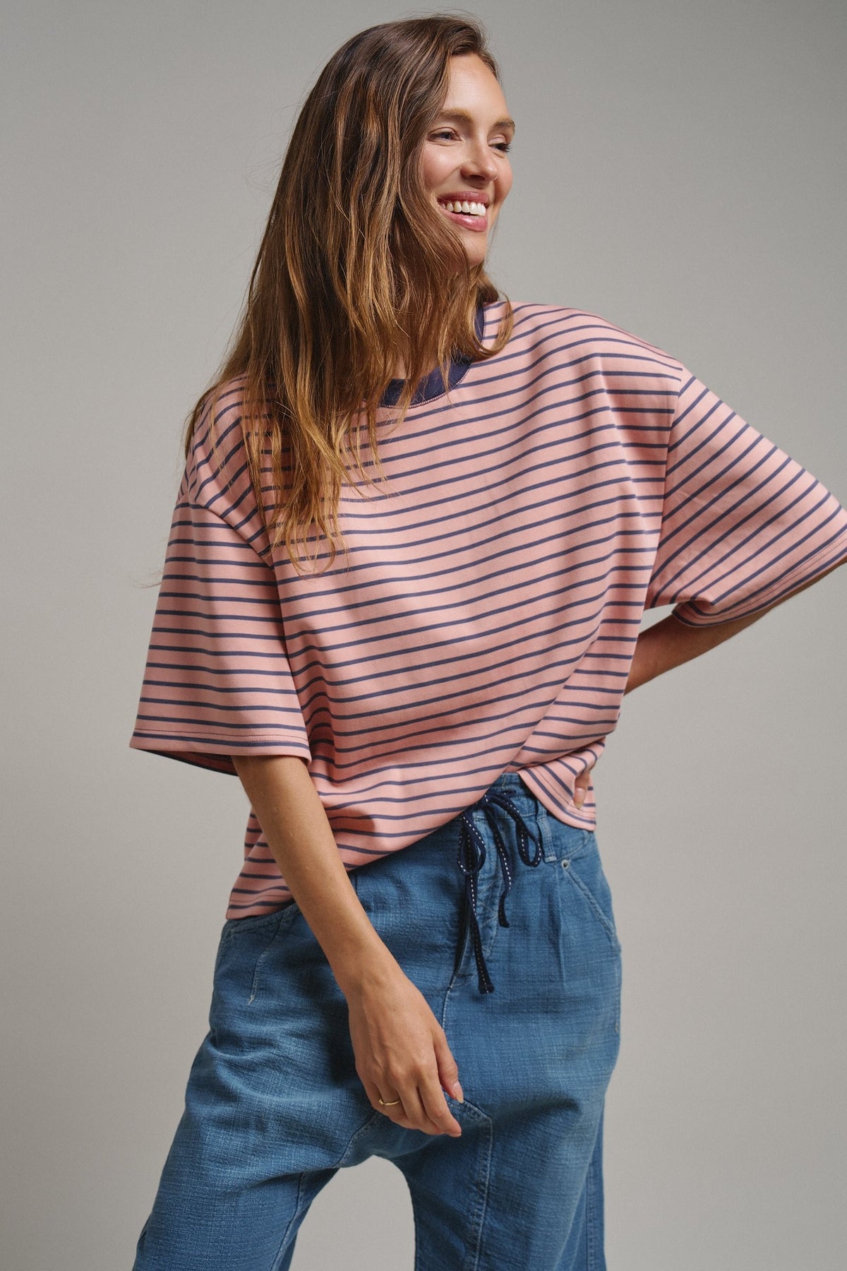 Oversized Striped Contrast Neck Boxy Tee