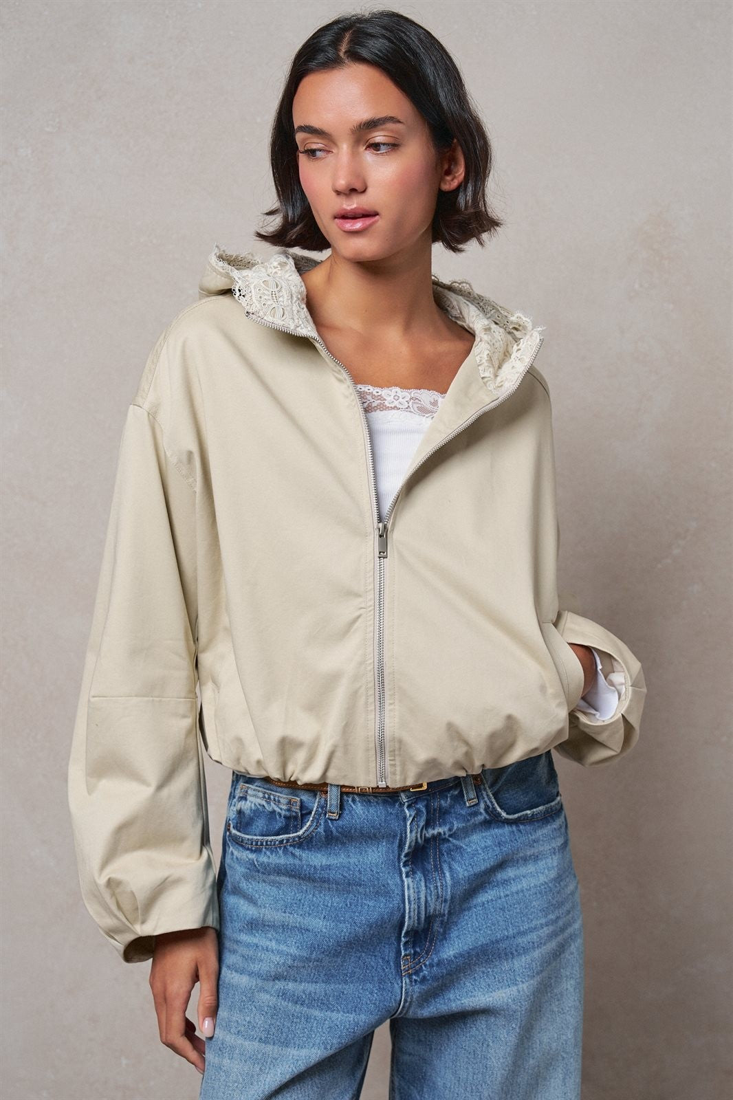 Oversized Hooded Zip-Front Cotton Jacket in KHAKI - Women's Jackets & Blazers | Urban Daizy