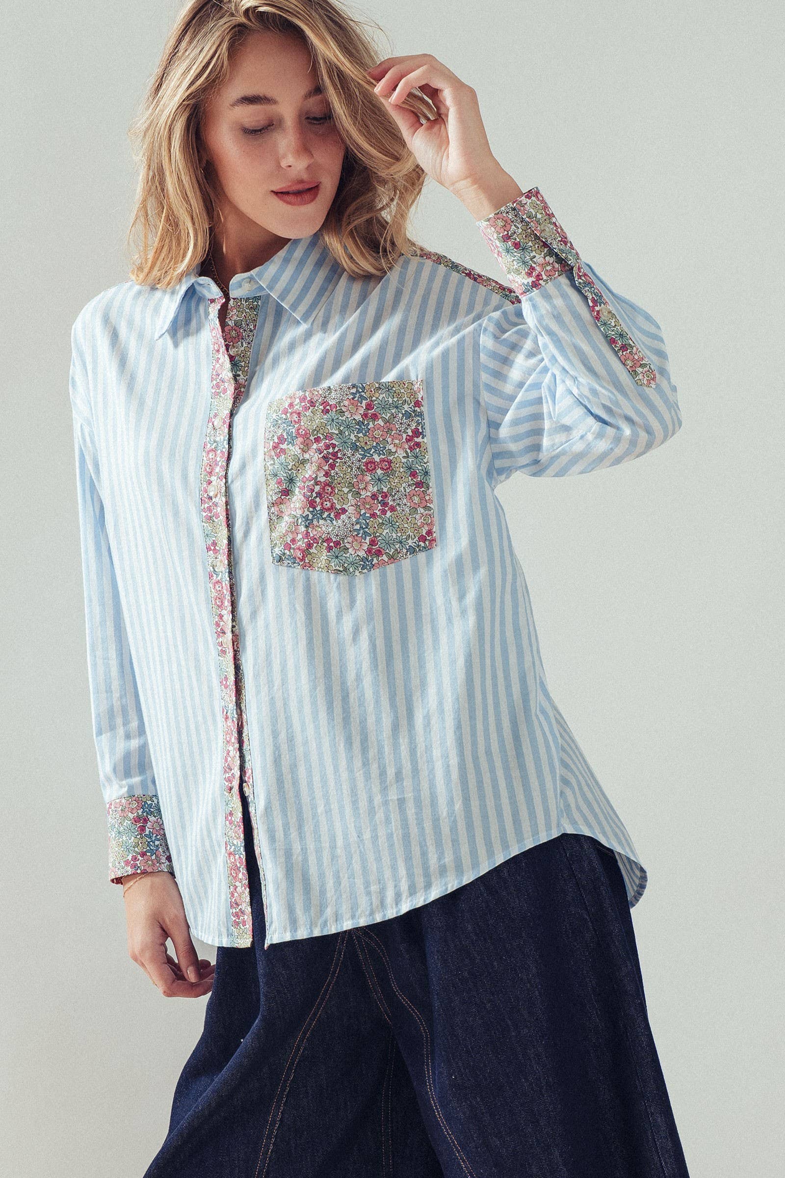 Floral Contrast Mixed Print Striped Shirt
