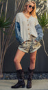 Urban Daizy Mixed Media Flag Denim Sleeve Cardigan Ivory Cardigan - Women's (UDZ-KN-01043) – alternate view 8