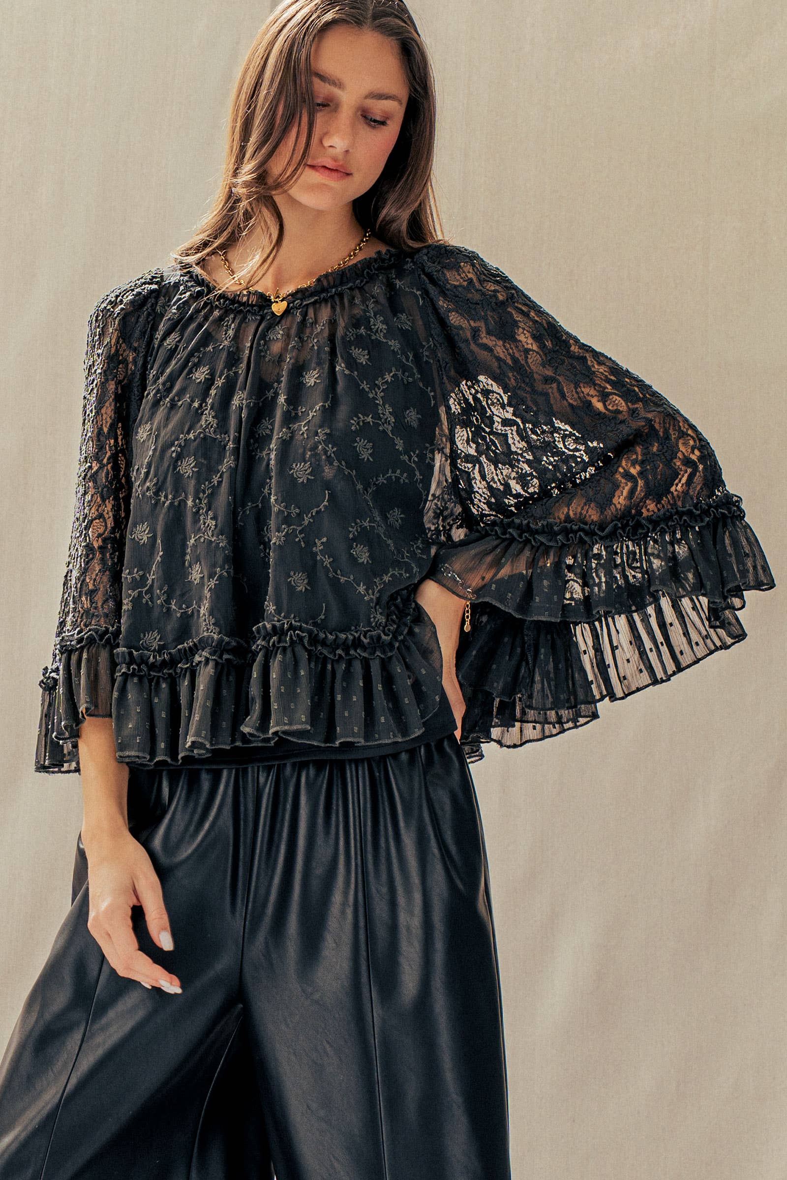 Swiss Dot Lace Top Ruffle Flutter Sleeve