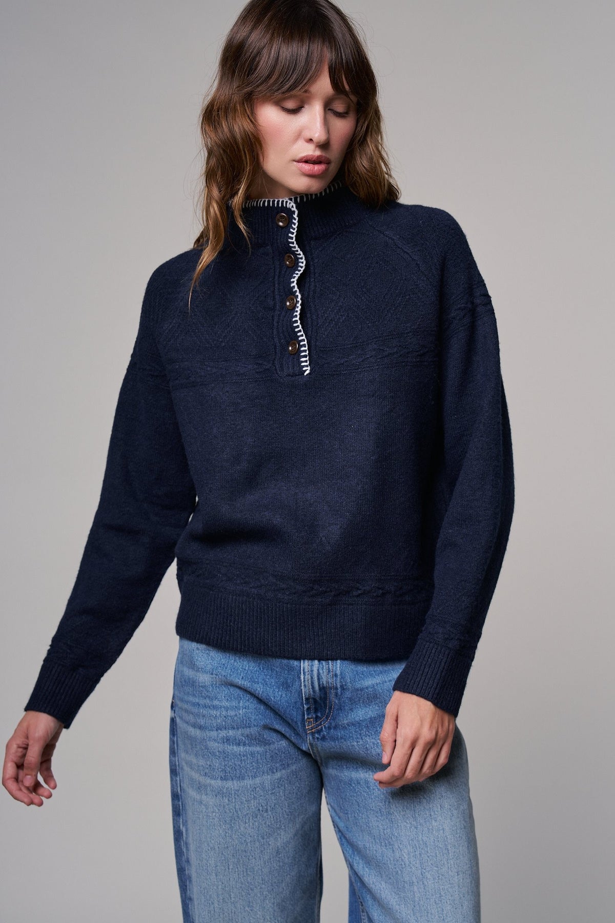 Cable Knit Mock Neck Button Pullover Sweater in NAVY - Women's Sweaters | Urban Daizy