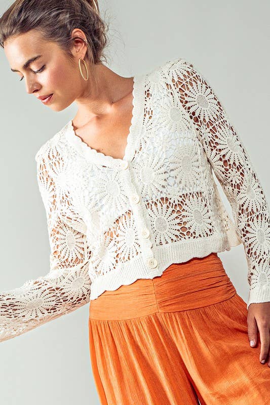 Urban Daizy Romantic Floral Crochet Button Down Spring Cropped Cardigan Natural Cardigan - Women's (UDZ-KN-00331) –…