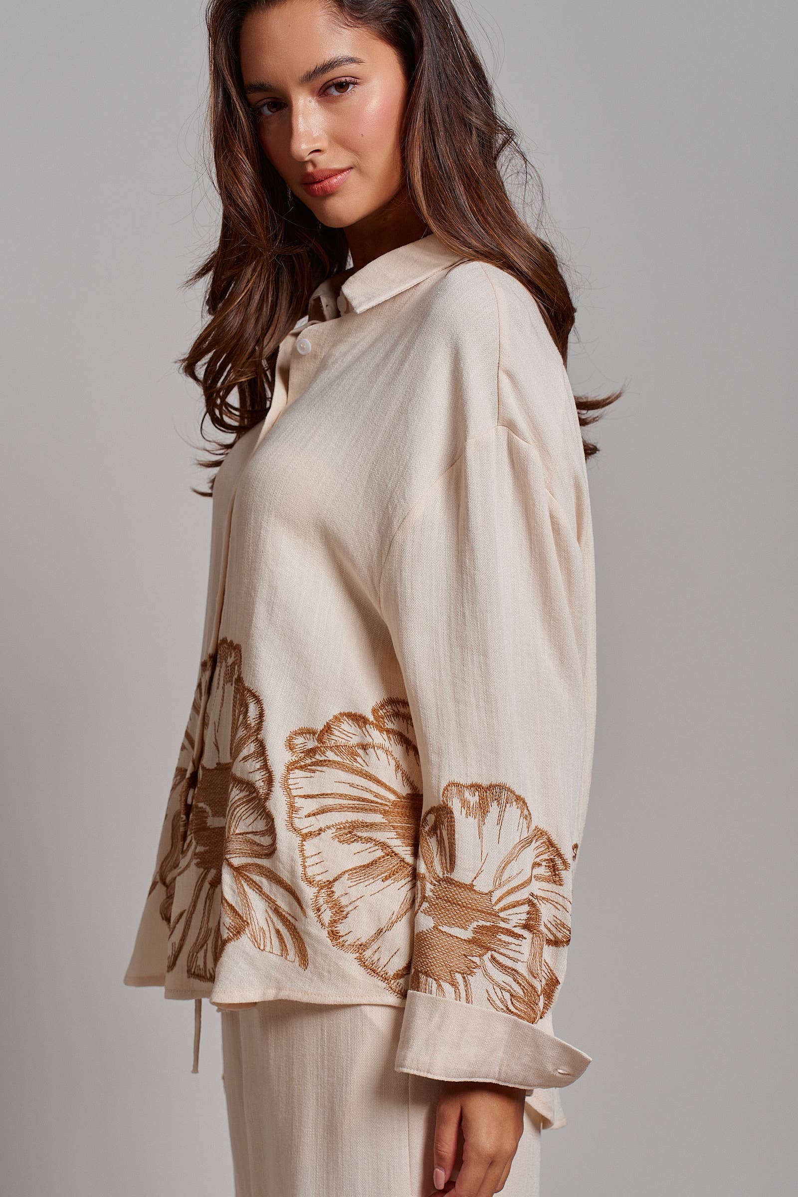 Floral Embroidered Oversized Button Down Shirt