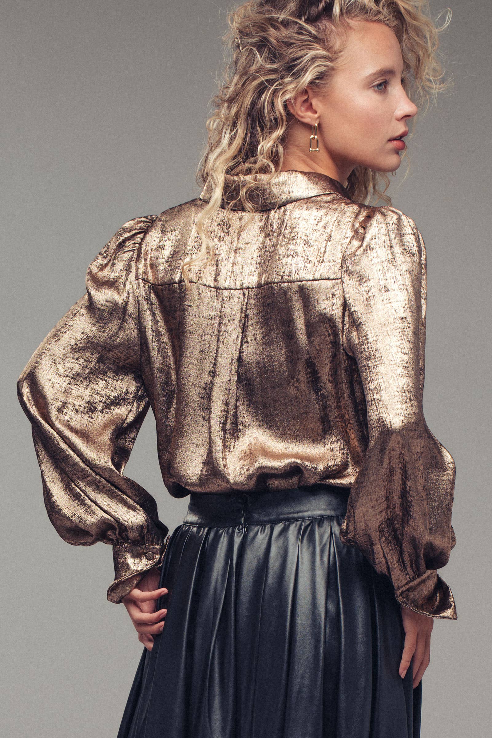 Metallic Billowy Sleeve Button Down Blouse