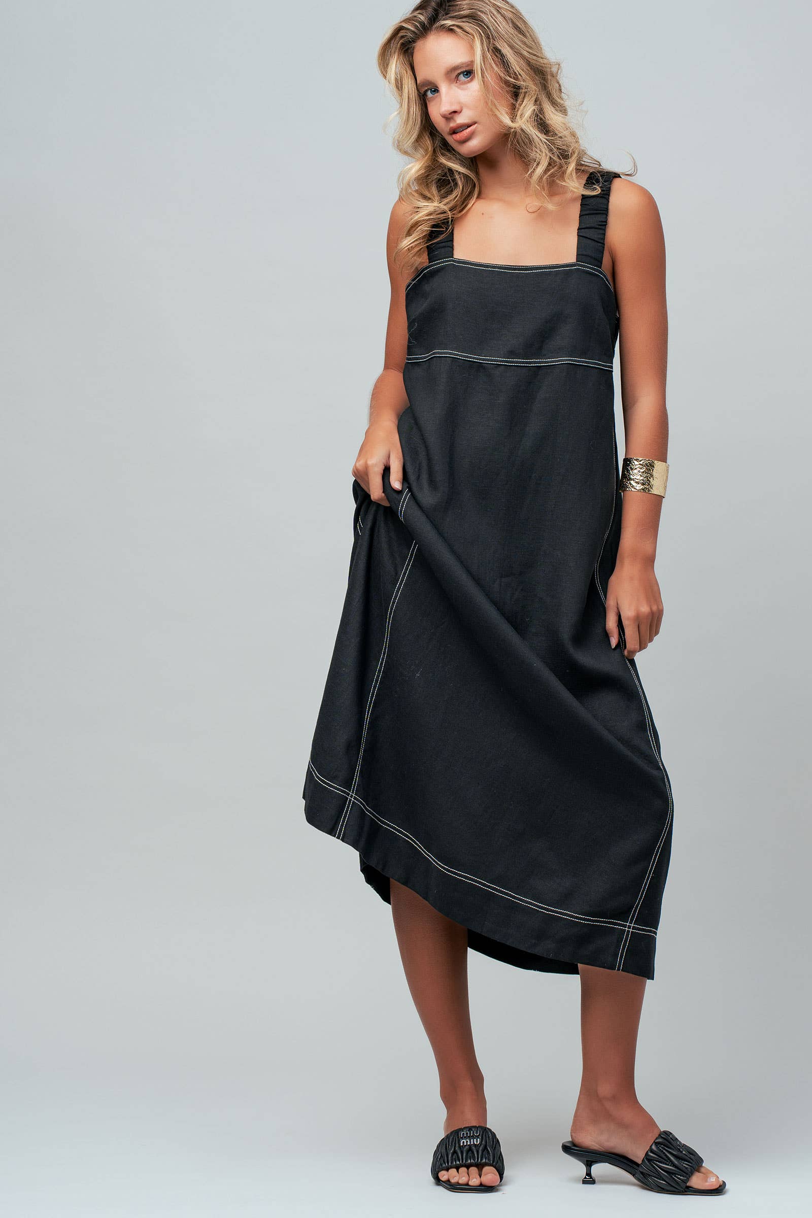Contrast Stitch Square Neck Tencel Linen Midi Dress