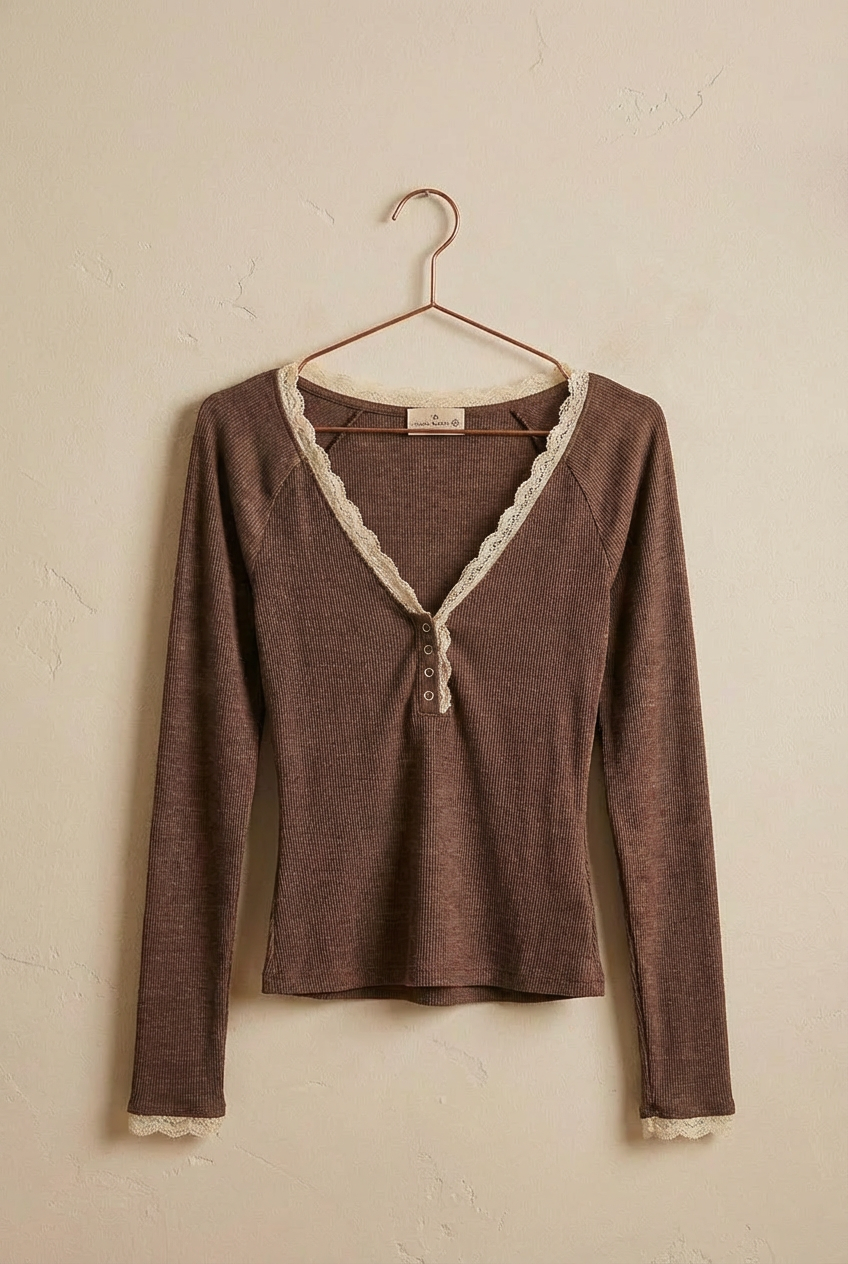Lace Trim Slub Knit Henley Long Sleeve Top
