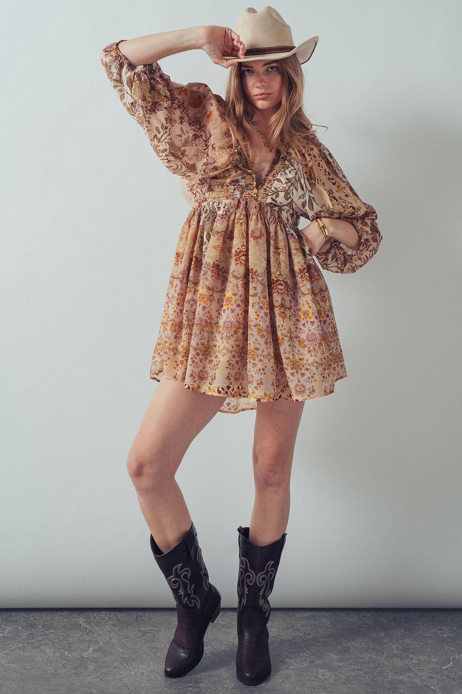 Urban Daizy Mixed-Print Boho Smocked Waist Mini Dress Taupe-Multi Dress - Women's (UDZ-DR-00478) – alternate view 14