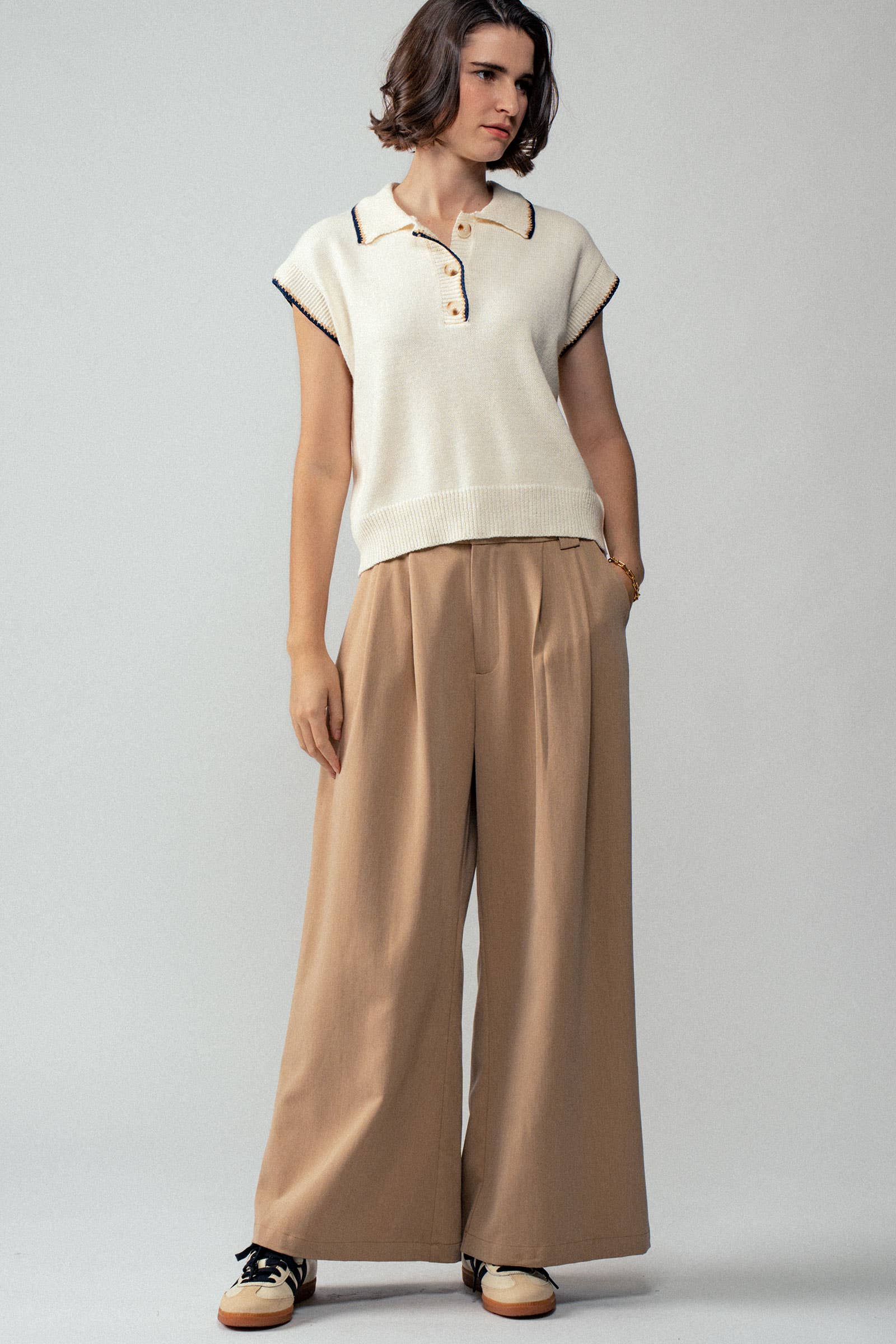 Urban Daizy Contrast Stitch Cropped Polo Knit Top Ivory Polo - Women's (TNTP3807-Ivory) – alternate view 6