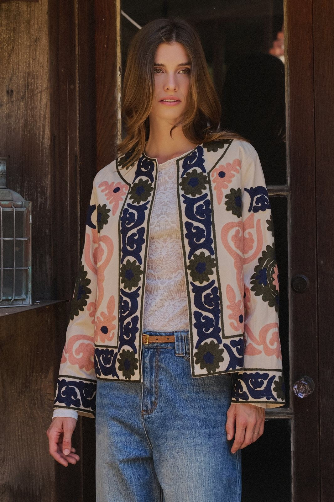 Suzani Embroidered Cotton Jacket with Floral Scroll in CREAM - Women's Jackets & Blazers | Urban Daizy