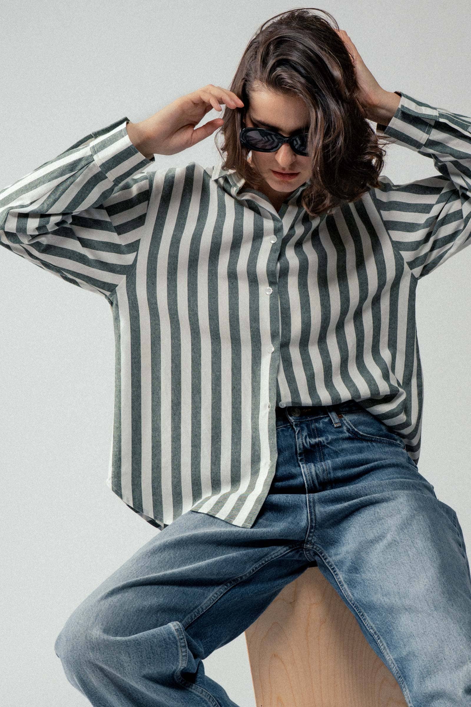 Urban Daizy Oversized Stripe Button Down Collared Shirt Blue Button Down Shirt - Women's (UDZ-TP-00759) – alternate view 16