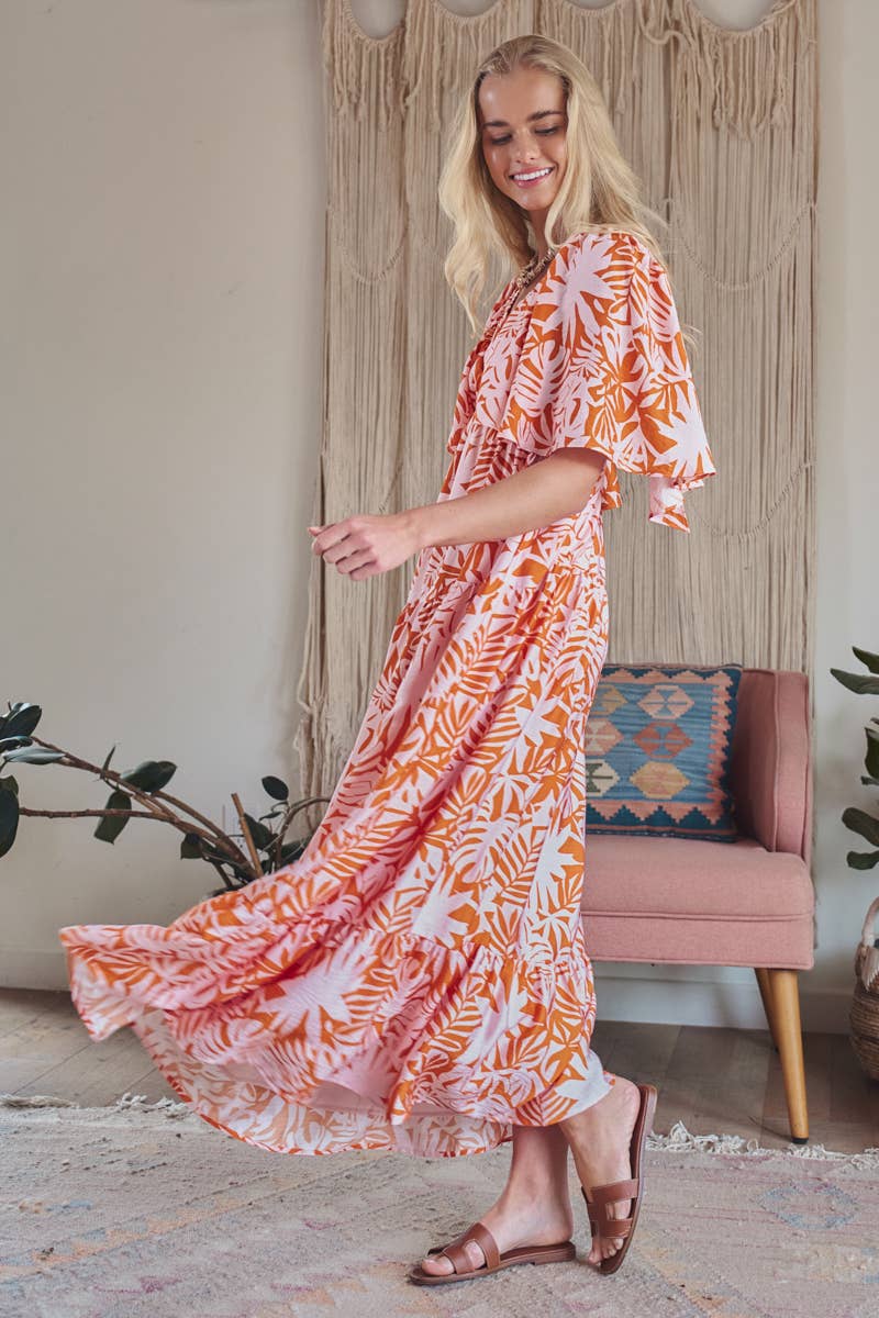 Tropical Leaf Print Maxi Dress