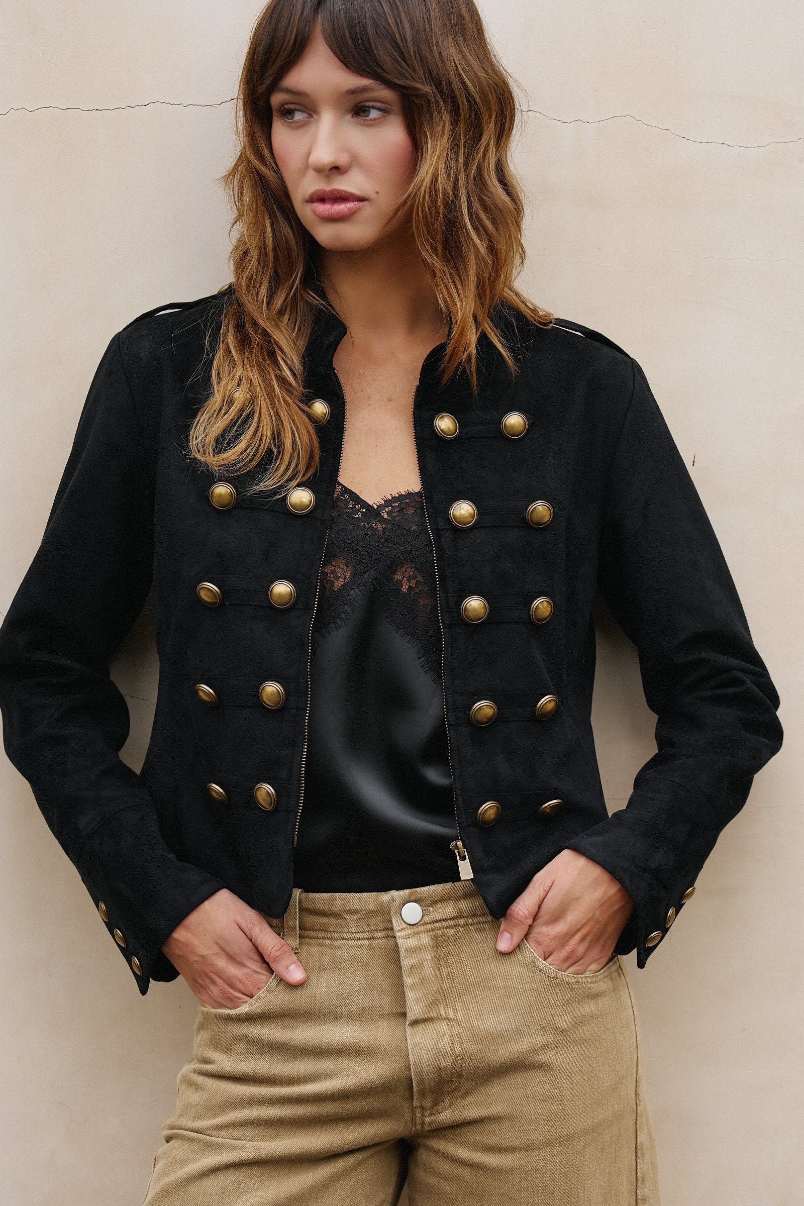 Military Band Suede Jacket with Brass Buttons in BLACK - Women's Jackets & Blazers | Urban Daizy