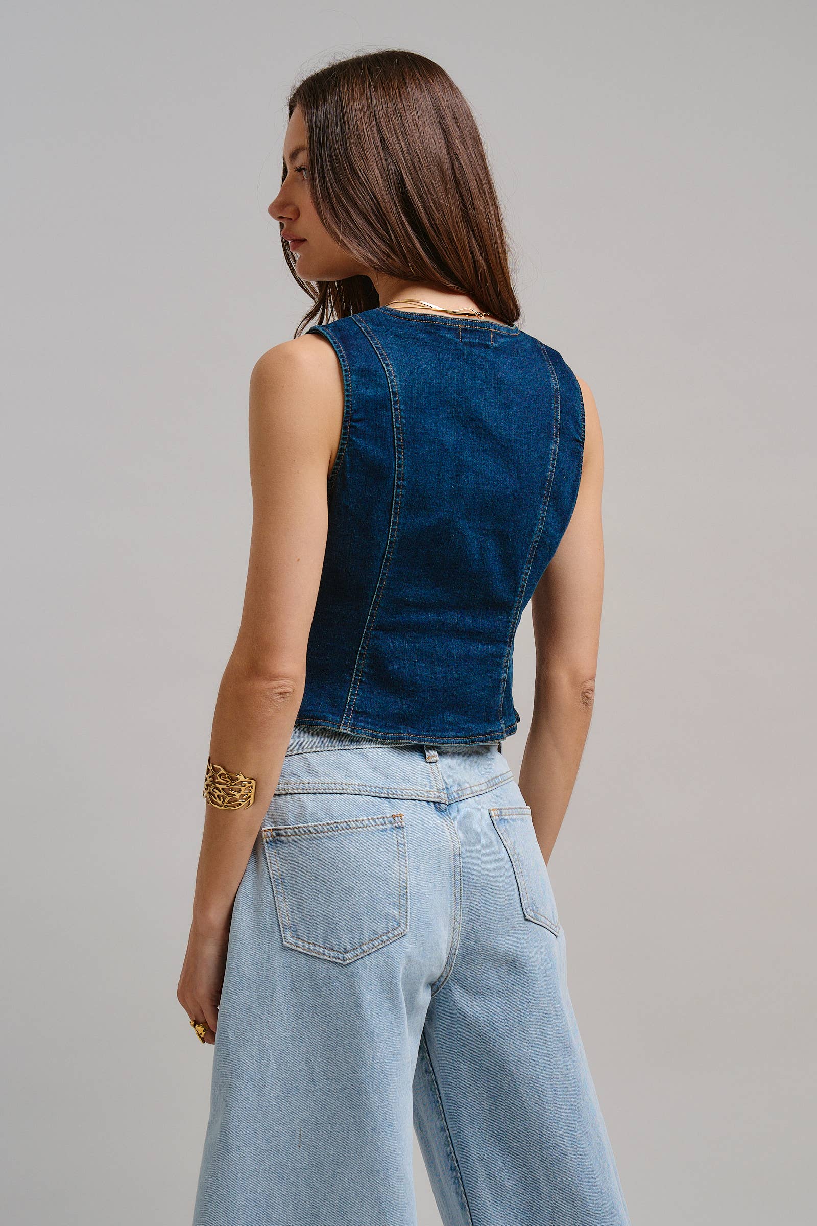 Fitted V-Neck Button-Front Denim Vest