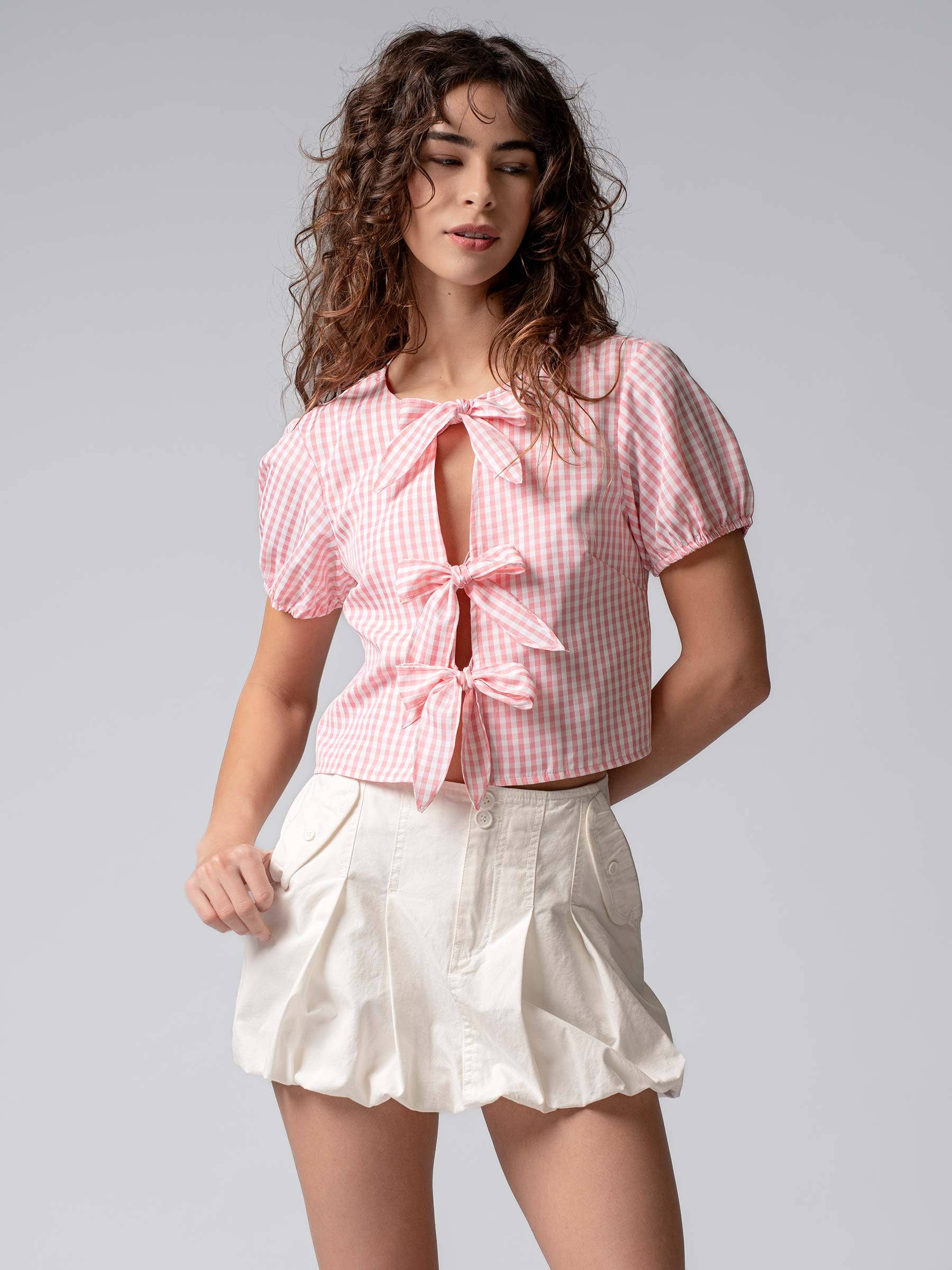 Urban Daizy Gingham Triple Bow Puff Sleeve Crop Top Pink Blouse - Women's (UDZ-TP-01033) – alternate view 7