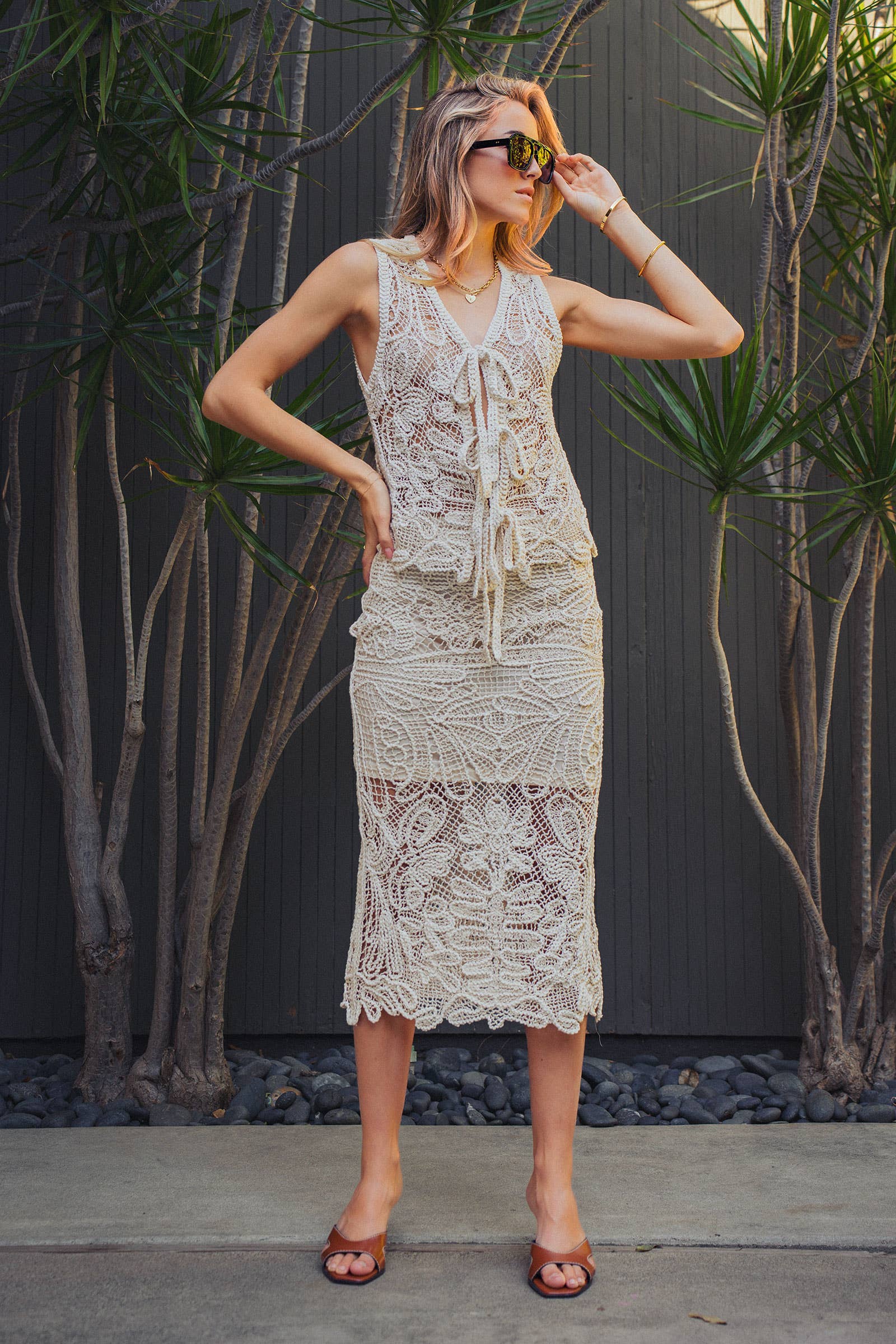 Open-Work Crochet Midi Skirt With Partial Lining