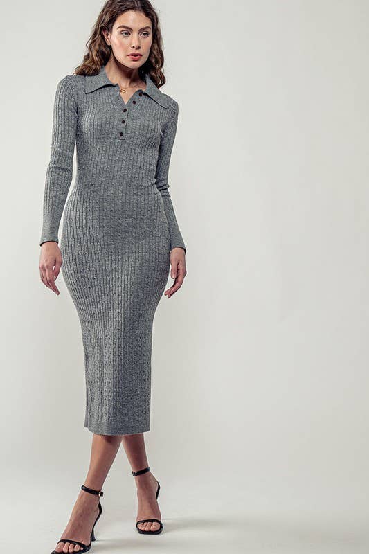 Urban Daizy Ribbed Collared Button Front Midi Sweater Dress H-Grey Dress - Women's (UDZ-DR-00328) – alternate view 11