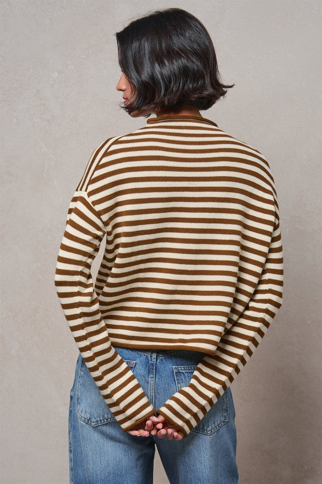Striped Polo Collar Button Sweater with Rolled Edges in IVORY BROWN - Women's Cardigans & Shrugs | Urban Daizy