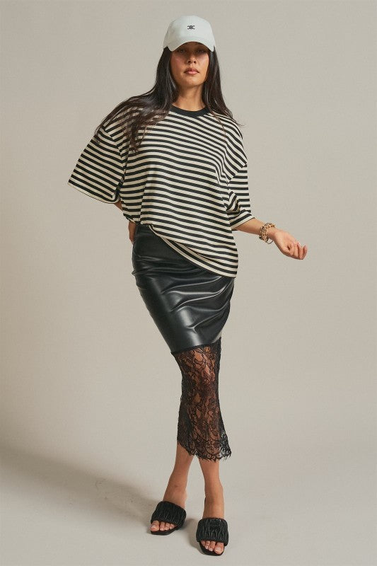 Oversized Striped Contrast Neck Boxy Tee