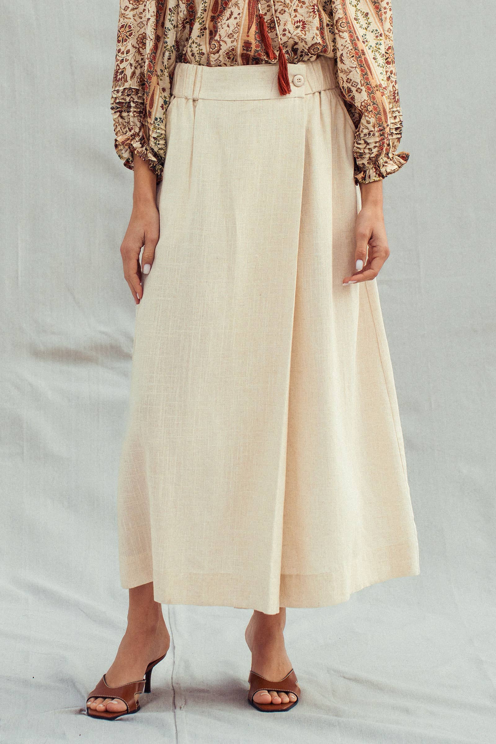 Bohemian Button Front Wrap Around Elastic Waist Maxi Skirt