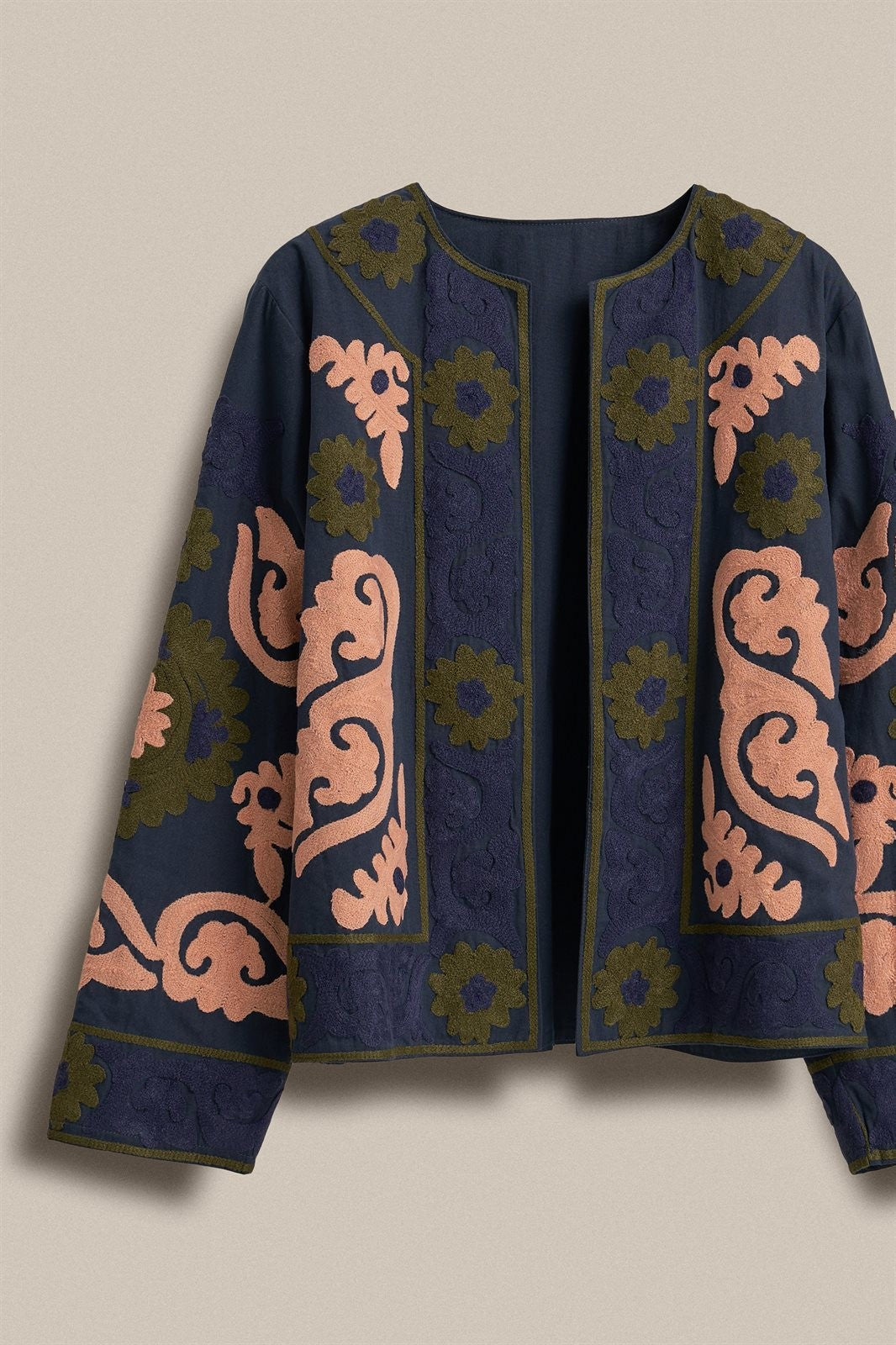 Suzani Embroidered Cotton Jacket with Floral Scroll in NAVY - Women's Jackets & Blazers | Urban Daizy