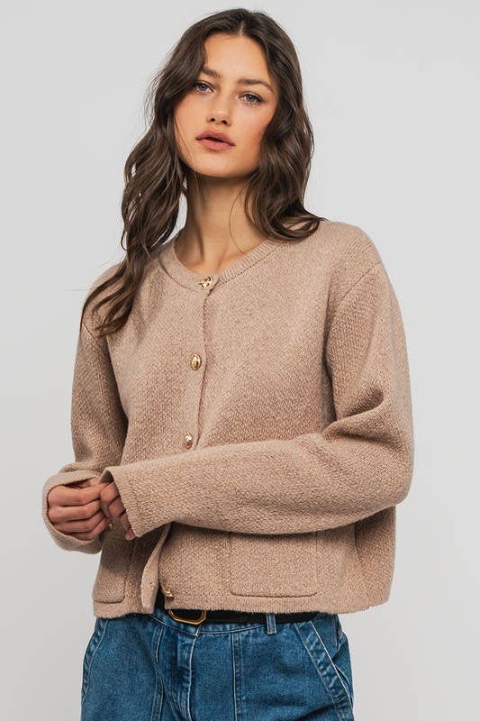 Urban Daizy Textured Button Front Cropped Knit Cardigan Beige Knit Top - Women's (UDZ-TP-00751) – alternate view 14