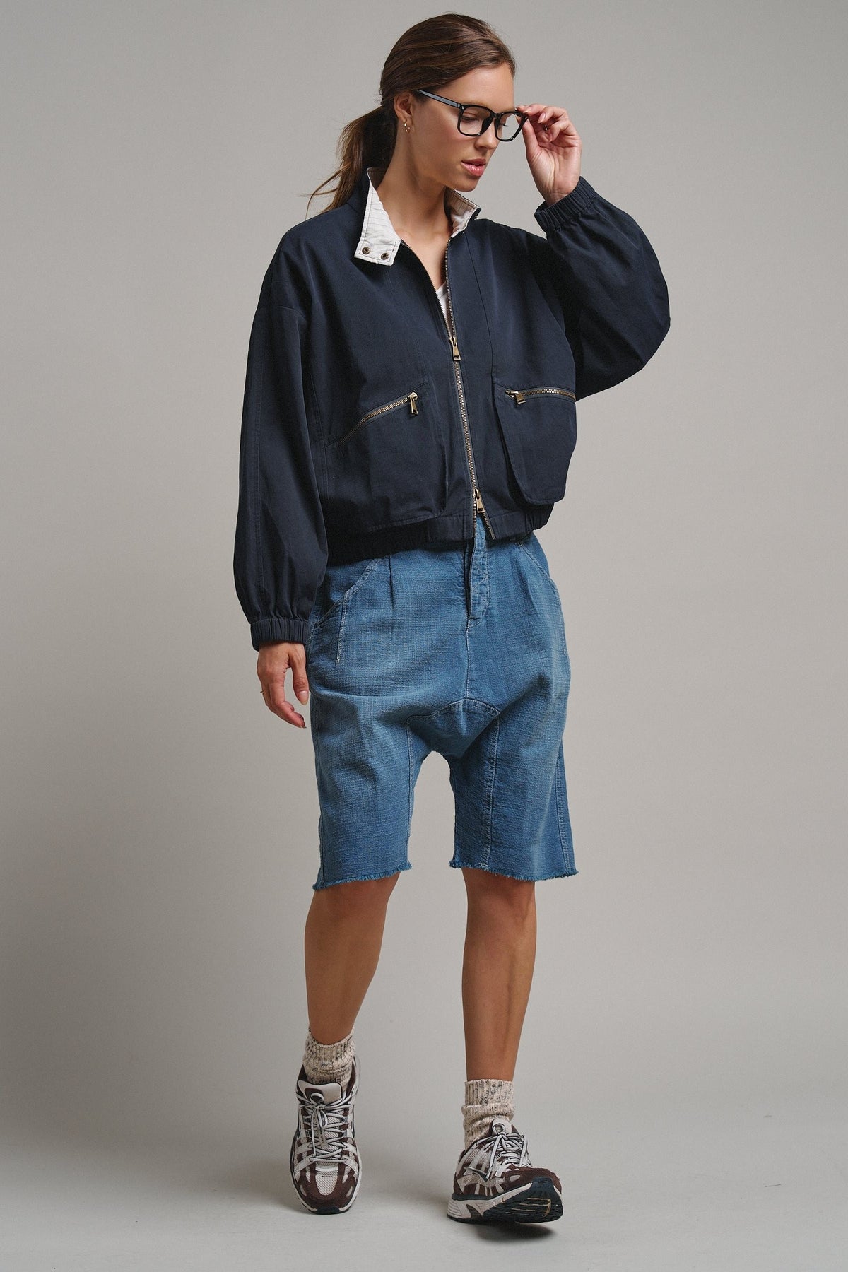 Cropped Zip Bomber Jacket in NAVY - Women's Jackets & Blazers | Urban Daizy