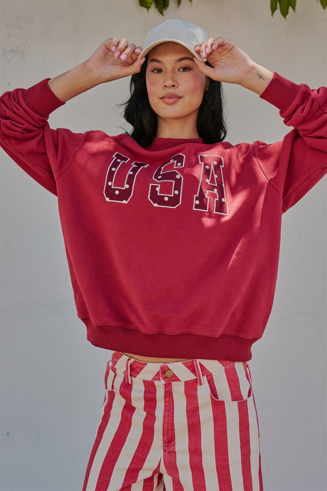 USA Polka Dot Varsity Letter Mock Neck Sweatshirt in BURGUNDY - Women's Sweatshirts & Hoodies | Urban Daizy