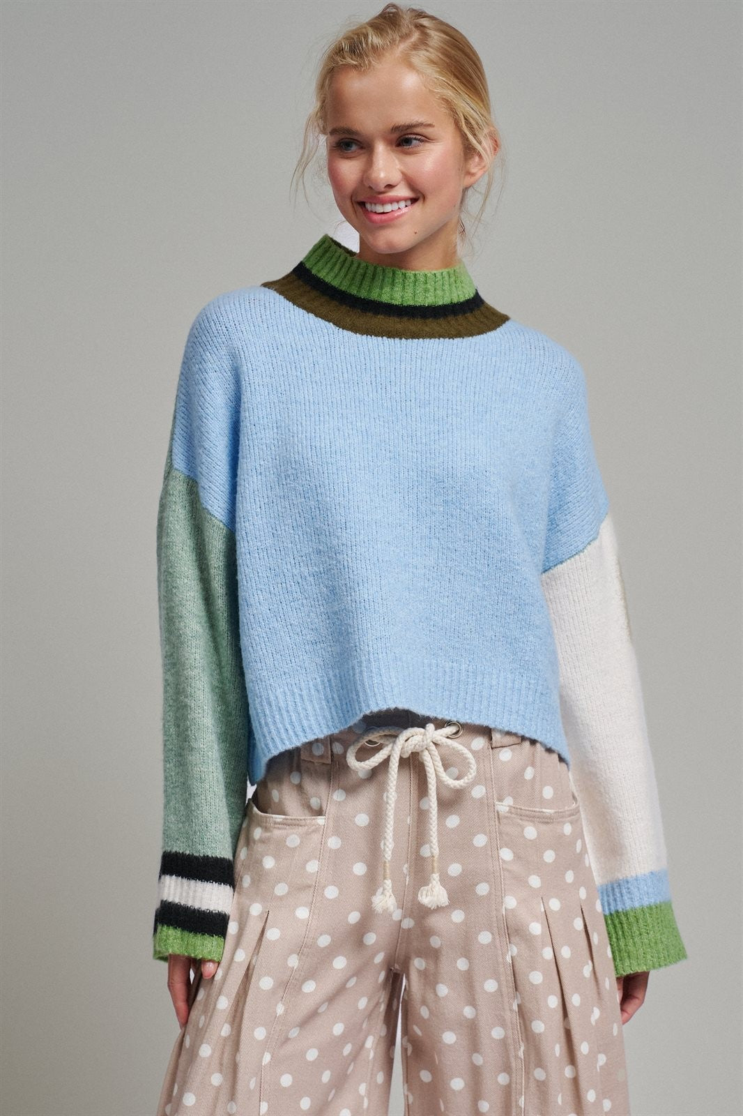Paneled Hues Knit Sweater in BLUE SAGE - Women's Sweaters | Urban Daizy