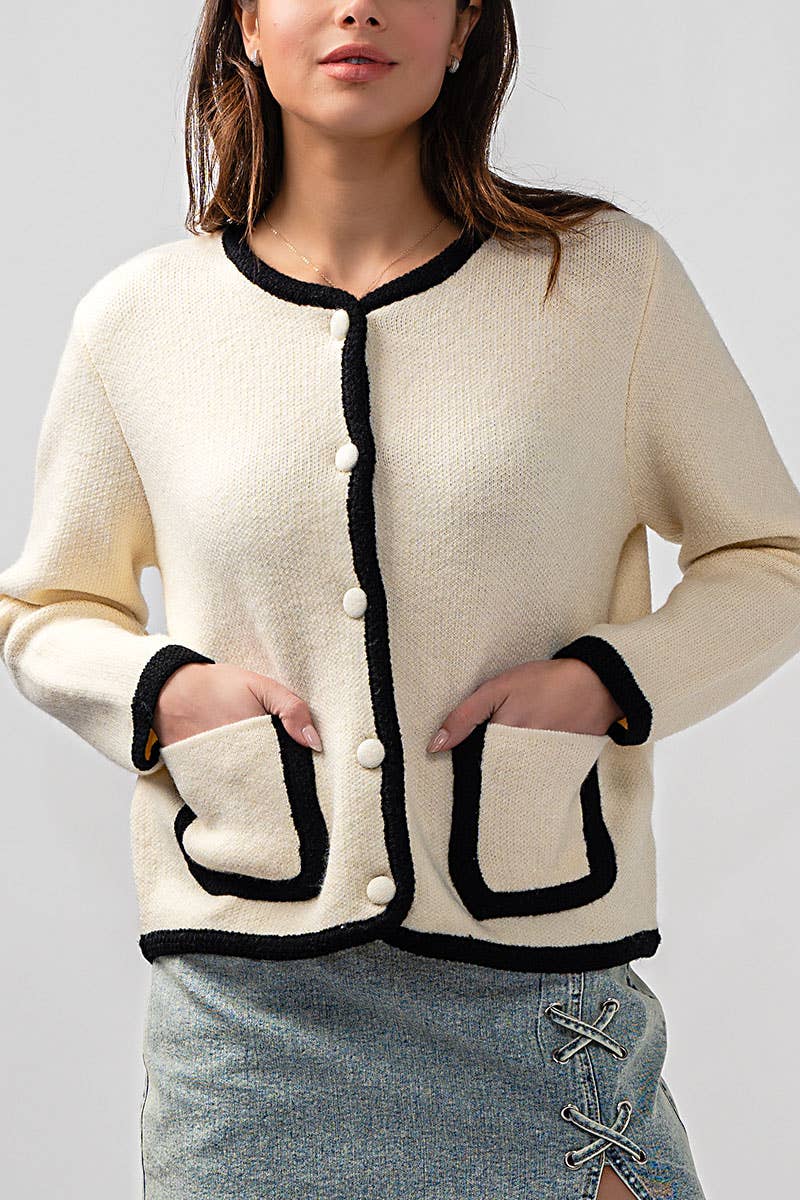 Urban Daizy Classic Contrast Trim Patch Pocket Cardigan Ivory Cardigan - Women's (UDZ-KN-00363) – alternate view 22