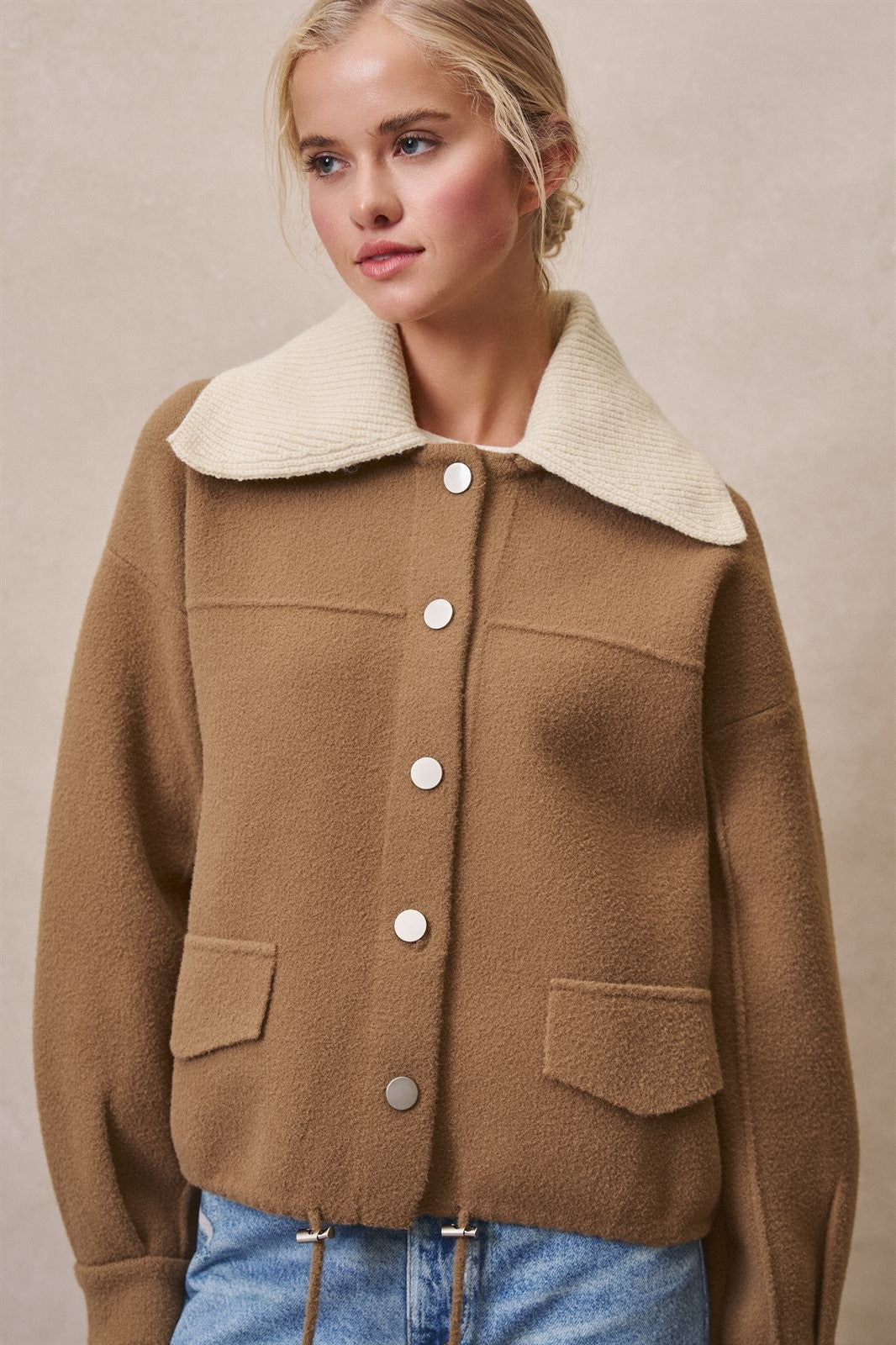 Sweater Knit Button Front Jacket with Detachable Collar in OLIVE - Women's Jackets & Blazers | Urban Daizy